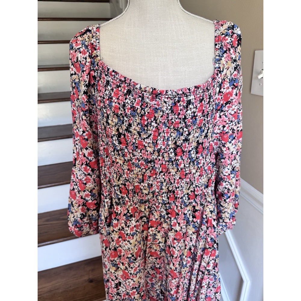 Terra & Sky Floral Smocked Mini Dress Womens 2x Square Neck 3/4 Sleeve - Picture 9 of 13